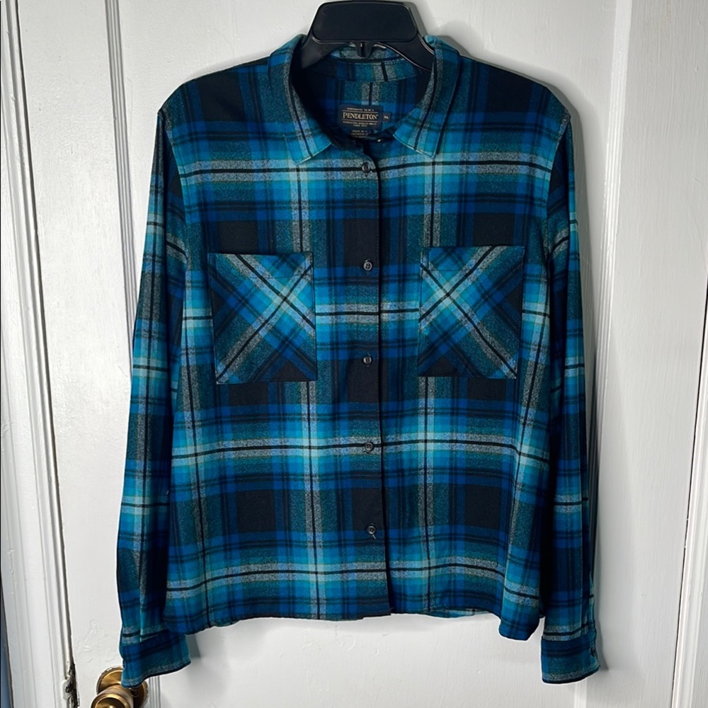 Pendleton XL Wool Plaid Ladies Shirt Turquoise Teal Plaid Boxy Button Front Top